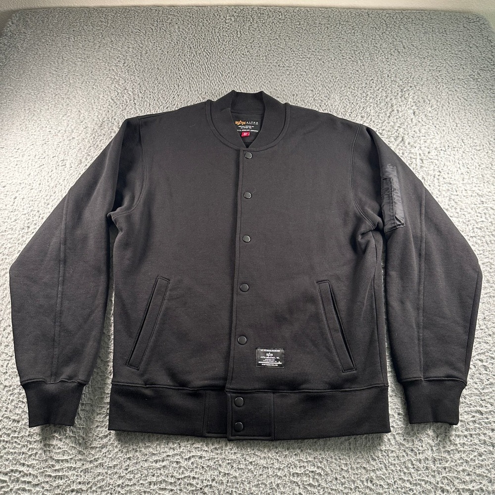 Alpha Industries MA-1 Fleece Jacket Mens M Black Snap Front‎ Utility NWOT